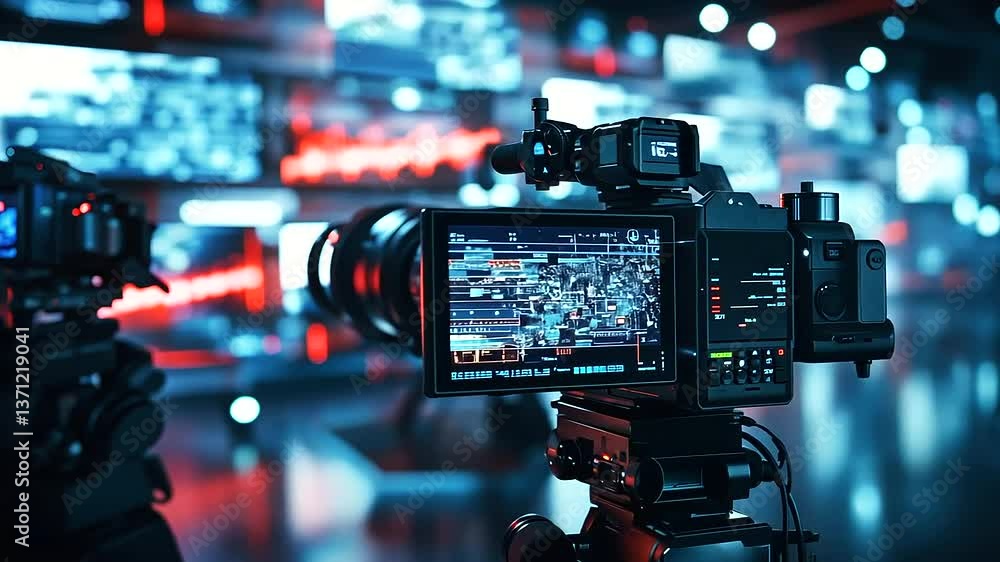 Poster a conceptual media set with robotic cameras and boom mics capturing an intense interview, background