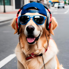 Golden retriever dog wearing sunglasses and headphones created by Generative AI
