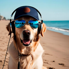 Golden retriever dog wearing sunglasses and headphones created by Generative AI