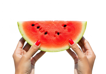Hands holding a slice of watermelon with red nail polish on fingers against on a transparent background