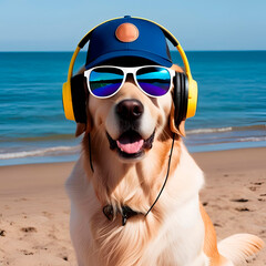 Golden retriever dog wearing sunglasses and headphones created by Generative AI