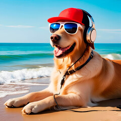Golden retriever dog wearing sunglasses and headphones created by Generative AI