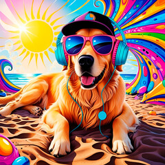 Golden retriever dog wearing sunglasses and headphones created by Generative AI
