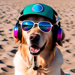 Golden retriever dog wearing sunglasses and headphones created by Generative AI