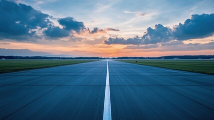 Fototapeta premium An empty airport runway stretching into the distance under a vibrant sunset sky.