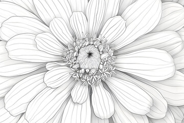 Elegant Line Drawing of a Zinnia Flower with Intricate Petal Details and Minimalist Background