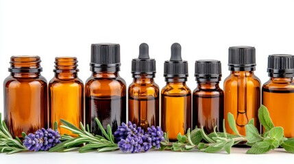 Amber Glass Bottles of Essential Oils with Lavender and Rosemary