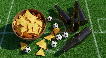 Naklejka premium Chips in a bowl, beer bottles and mini footballs scattered on the grass create a cosy atmosphere for a football evening