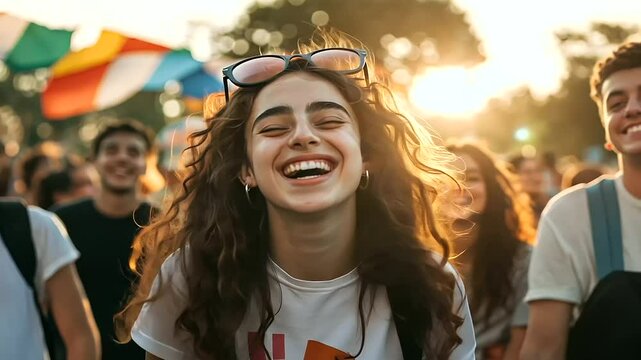 A group of young people from different ethnic backgrounds laughing and dancing together at an outdoor festival, colorful flags fluttering in the background, warm sunlight casting o