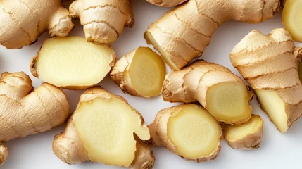 Close up of Fresh Ginger Root Pieces on White Background © UnElle 