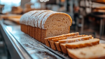 Golden Brown Sliced Bread Loaf on Conveyor Belt
