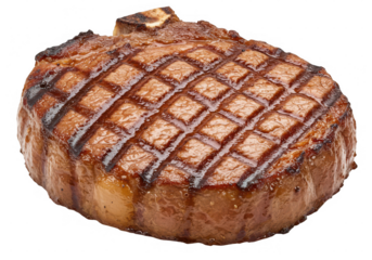 Close up view of a perfectly grilled steak with diamond grill marks on a transparent background isolated