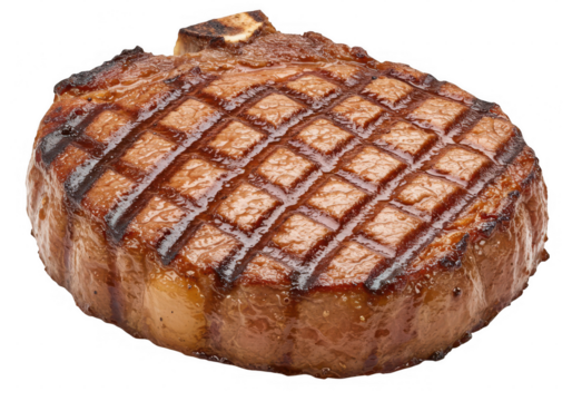 Close up view of a perfectly grilled steak with diamond grill marks on a transparent background isolated