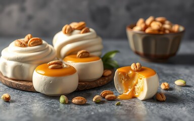 A close-up of a creamy dessert topped with a bright orange sauce and pistachios