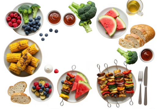 An overhead shot of plates with grilled corn, fruit, bread, and vegetable skewers on transparent background