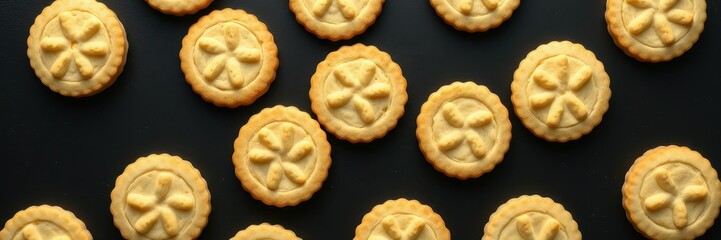 Freshly baked round cookies with decorative tops arranged on a black surface in a cozy kitchen setting