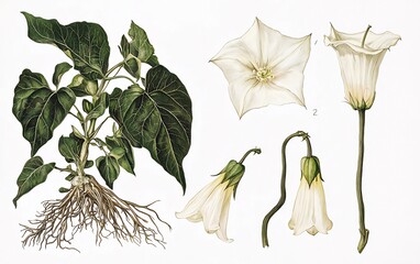Detailed botanical illustration of datura metel plant with flowers and roots, showcasing intricate details of the plant's anatomy