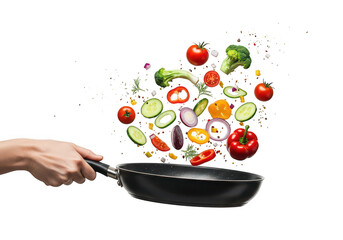 Hand holding a frying pan with vegetables flying in the air on a transparent background studio shot