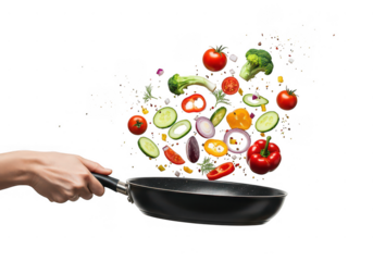 Hand holding a frying pan with vegetables flying in the air on a transparent background studio shot