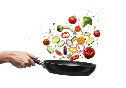 Hand holding a frying pan with vegetables flying in the air on a transparent background studio shot