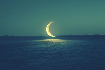 Minimalist crescent moon symbol casting a shadow on a desolate plain, illuminated by a subtle, soft glow