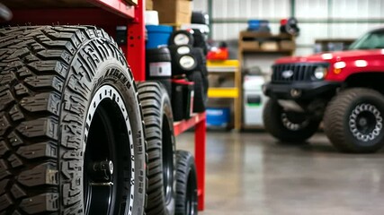 A variety of off-road tires with rugged tread patterns displayed on a wooden rack, tire pressure gauges and air compressors in the background, the workshop filled with industrial t