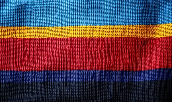 Close-up of a textured multicolored striped fabric with blue, yellow, red, navy, and black lines.