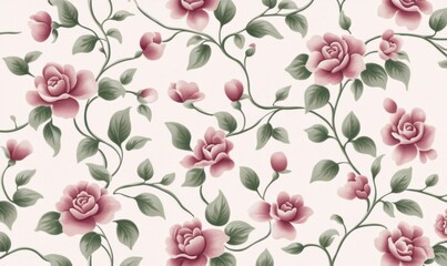 Elegant pink roses and delicate green leaves create a seamless vintage floral pattern.