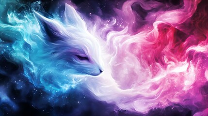 Obraz premium Stylized celestial fox is rendered in blue and pink nebulous hues against a dark space backdrop with gleaming starlight.