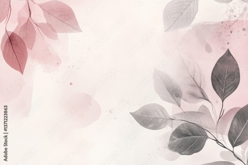 Poster minimalistic vector banner design featuring soft pink background with grey leaves and clean lines