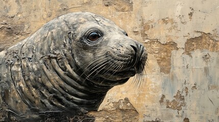 Fototapeta premium Stone seal sculpture emerging from textured wall