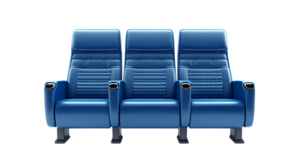 Three Blue Leather Theater Seats on Transparent Background, PNG