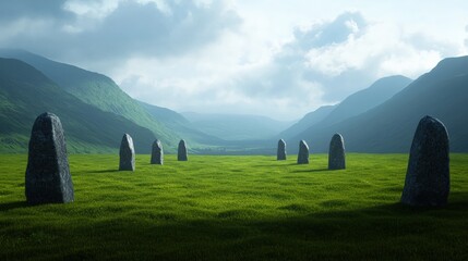 Celtic rituals in a timewarped landscape ancient stones outdoor mystical environment aerial view cultural heritage