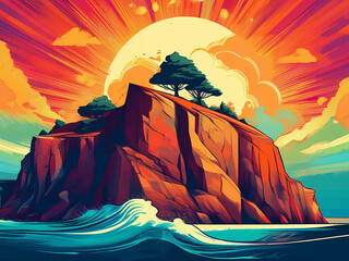 Cliff With Trees, Retro Pop Art Style