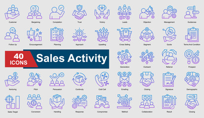 A collection set of gradient outline Sales Activity icons. Includes conversion, leads, trust, closing, follow-up, and more. Perfect for illustration and design.