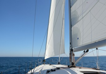 Modern sailing yacht cruising on open sea under clear blue sky