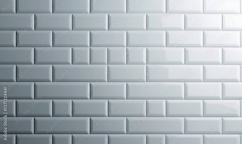 Aufkleber close-up of a modern white subway tile wall with a beveled edge, creating a textured background.
