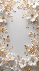 Charming floral arrangement with golden and white flowers framing a pure white background for wedding invitations and decor Premium Botanical and Floral Stock Photo
