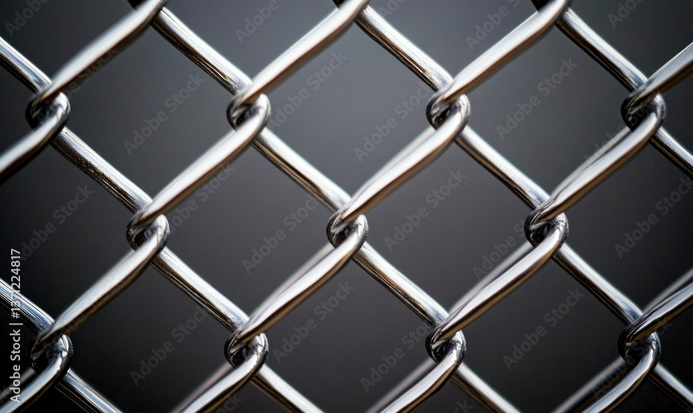 Poster close up on shiny, metallic chain-link fence creating a geometric pattern against blurred background