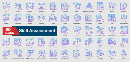 A collection set of gradient outline Skill Assessment icons. Includes proficiency, testing, evaluation, performance review, feedback, and more. Perfect for illustration and design.