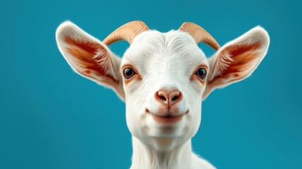 Curious young goat gazes playfully with a cheerful expression against a bright blue background