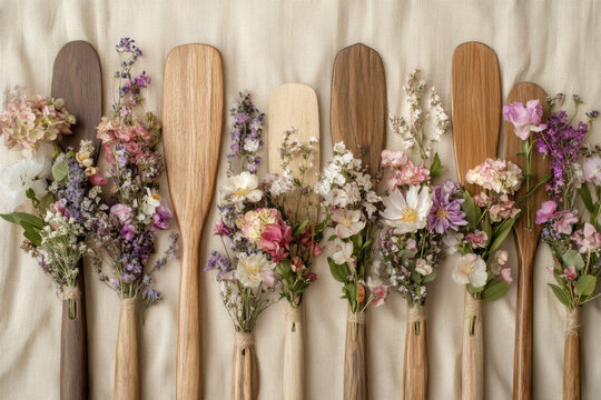 Wooden spatulas decorated with bouquets of flowers lying on beige cloth
