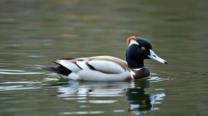 Obraz premium Beautiful swimming duck with striking colors in a calm pond during daylight hours