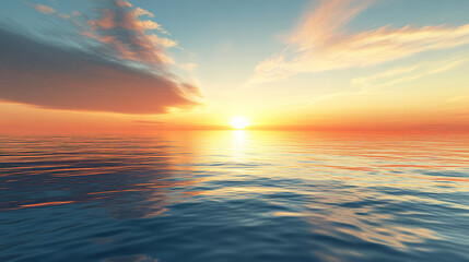 Obraz premium Scenic view of endless ocean with horizon line under bright sunset sky in evening time