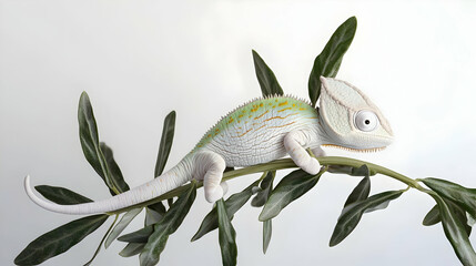 White Chameleon On Branch With Leaves