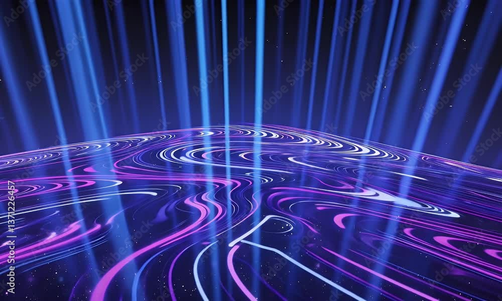 Poster dynamic waves of neon blue and purple light shifting and flowing continuously, creating a mesmerizin