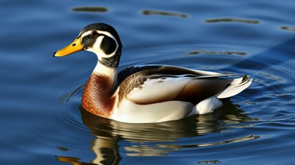 Fototapeta premium Majestic duck gliding gracefully on calm water in a serene natural setting at sunset
