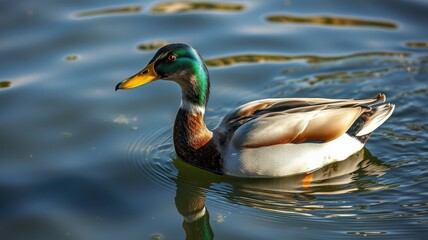 Fototapeta premium Colorful mallard duck swimming gracefully in a calm pond during the afternoon