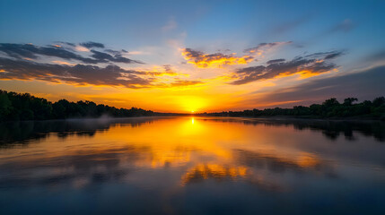 Serene Sunrise Over Calm Water With Golden Reflections