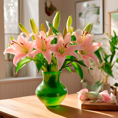 green vase with pink lilies under window light, created by Generative AI